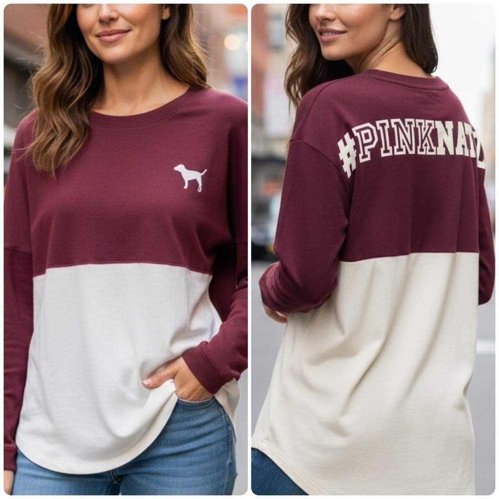🍀2/$22 PINK Victorias Secret Color Block Crewneck Womens Sweatshirt Burgundy XS